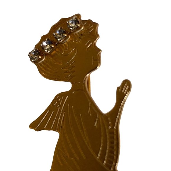 Vintage Gold Tone Praying Angel Brooch Pin Rhinestones Halo Etched Metal Disc - Picture 6 of 8